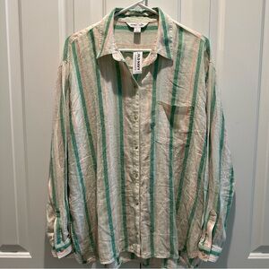 NEW NWT Old Navy Linen The Boyfriend Shirt Long Sleeve Green & Pink Stripe L